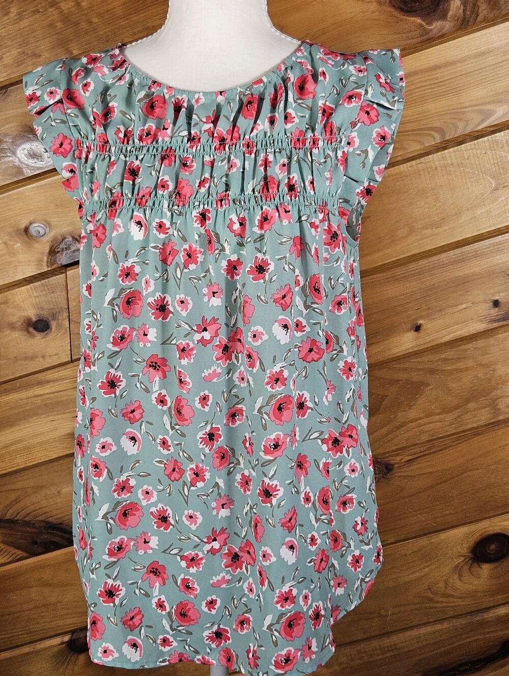 Pleione Women's Teal/Pink Floral Sleeveless Back Keyhole Top Size Small